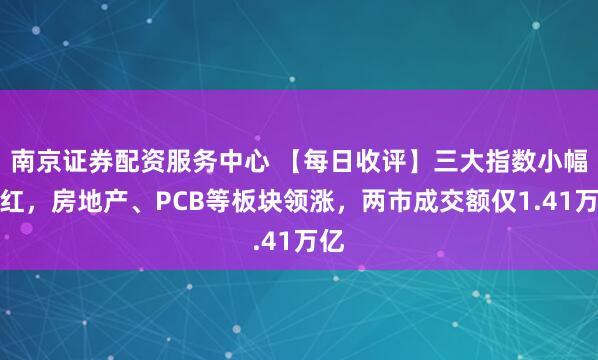 南京证券配资服务中心 【每日收评】三大指数小幅收红，房地产、PCB等板块领涨，两市成交额仅1.41万亿